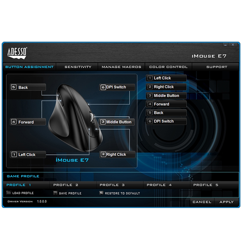 Adesso IMOUSE E7 Mouse - USB - Optical - 6 Button(s) - Black - Left-handed
